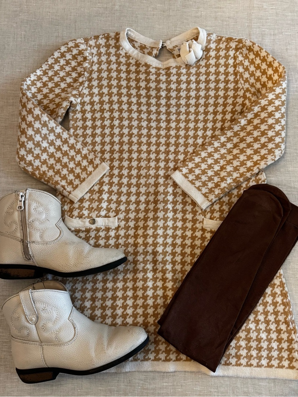 Girls Outfit Bundle – Hope & Henry Sweater Dress + Boots + Tights (Size 6)